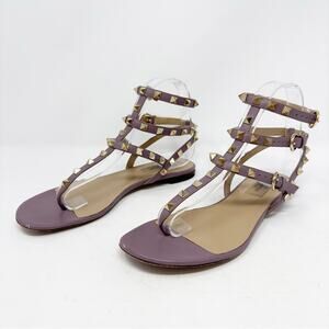 Valentino Rockstud Caged Leather Ankle Strap Flat Sandals Size 37.5